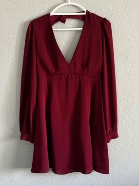 Lulu's Burgundy V-Neck Long Sleeve Mini Dress